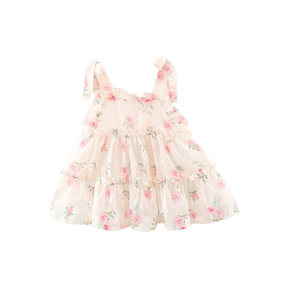 Fesfesfes Toddler Girls' Floral Print Tiered Dress Sleeveless Sweet A-Line Sundress for Baby,Lightweight Breathable Spring Summer Playwear and Party Outfit(Pink#1,18 Months)