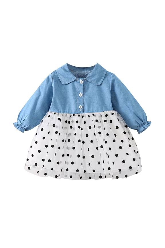 Toddler Girls Long Sleeve Denim Patchwork Dress Summer Mesh Lined Casual Dress,Fashionable Playwear with Embroidery Details for Baby Girls(Blue,6 Months)