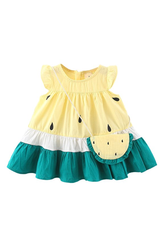 Toddler Girls Short Sleeve Pattern Dress + Matching Bag Summer Casual Playwear Skirt,Cute Vacation Outfit for Beach and Birthday Parties(Yellow,2 Years)