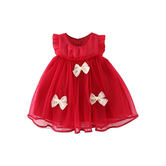 Fesfesfes Toddler Girls' Solid Color Mesh Bowknot Dress Sleeveless Sweet A-Line Sundress for Baby,Lightweight Breathable Spring Summer Playwear Outfit(Red,6 Months)