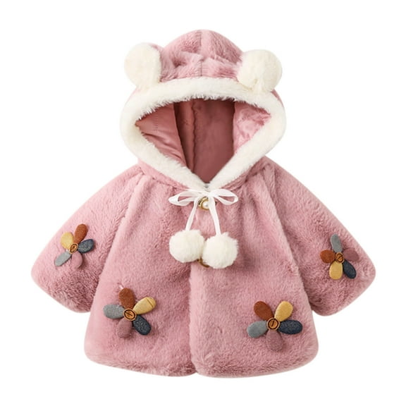 Fesfesfes Toddler Girls Solid Color Plush Cute Flowers Rabbit Ears Winter Hoodie Thick Coat Cloak