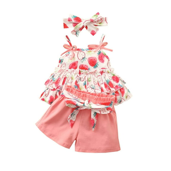 Fesfesfes Toddler Hawaiian Outfit Girl Toddler Baby Girls Sling Bow Shorts Flower Print Cute Cotton Three-piece Set 12-18 Months