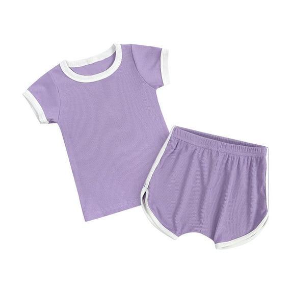 Fesfesfes Toddler Hawaiian Outfit Girl Toddler Kids Baby Boys Girls Fashion Cute Solid Color Short Sleeve Shorts Cotton Casual Suit 6-9 Months