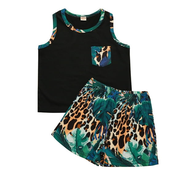 Fesfesfes Toddler Kids Baby Boys Fashion Summer Sleeveless Tops+Leopard Shorts Outfits Set