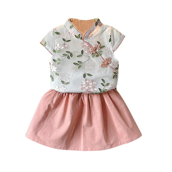 Fesfesfes Toddler Kids Baby Girl Outfits Clothes Embroidery Cheongsam Shirt Tops and Skirt Set Spring Saving