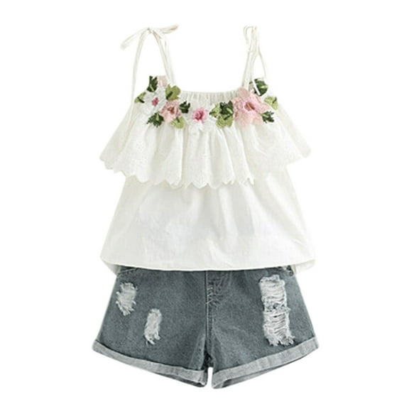Fesfesfes Toddler Kids Baby Girl Outfits Clothes Embroidery T-shirt+Denim Shorts Jeans Set