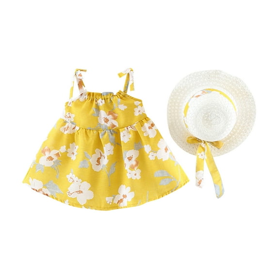 Fesfesfes Toddler Kids Baby Girls Cute Summer Flowers Print Suspender Dress Skirt Hat Suit