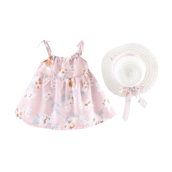 Fesfesfes Toddler Kids Baby Girls Cute Summer Flowers Print Suspender Dress Skirt Hat Suit