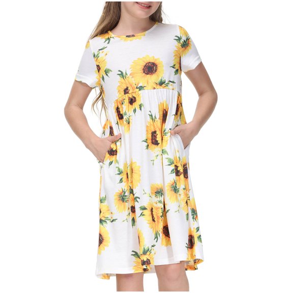 Fesfesfes 5-14Years Short Sleeve Flowers Dress for Toddler Girls Round-Neck Knee-High Dress Cute Princess Dress for Comfortable and Everyday Wear(White,5-6 Years)