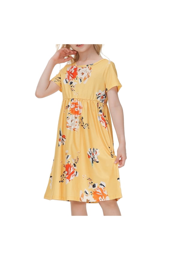 Toddler Kids Baby Girls Fashion Cute Short Sleeve Flowers Pattern Princess Dress Spring