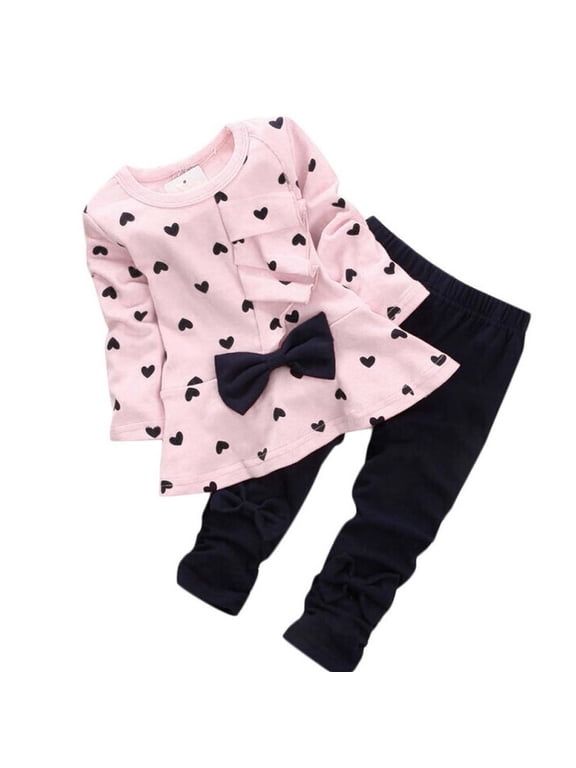 Toddler Kids Baby Girls Heart-shaped Print Bow Kids T shirt Pants Clothes Set