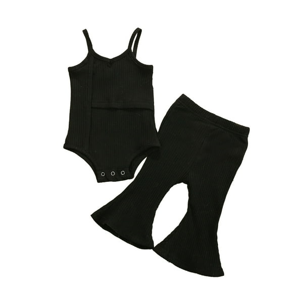 Fesfesfes Toddler Kids Baby Girls Solid Ribbed Suspender Vest Flared Pants Outfits Set