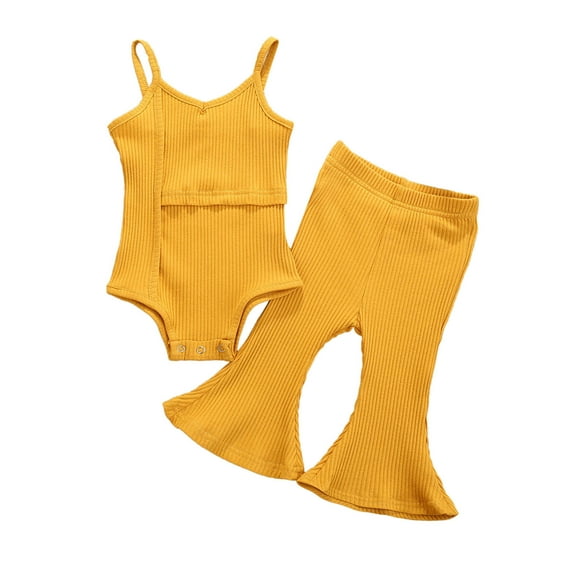 Fesfesfes Toddler Kids Baby Girls Solid Ribbed Suspender Vest Flared Pants Outfits Set