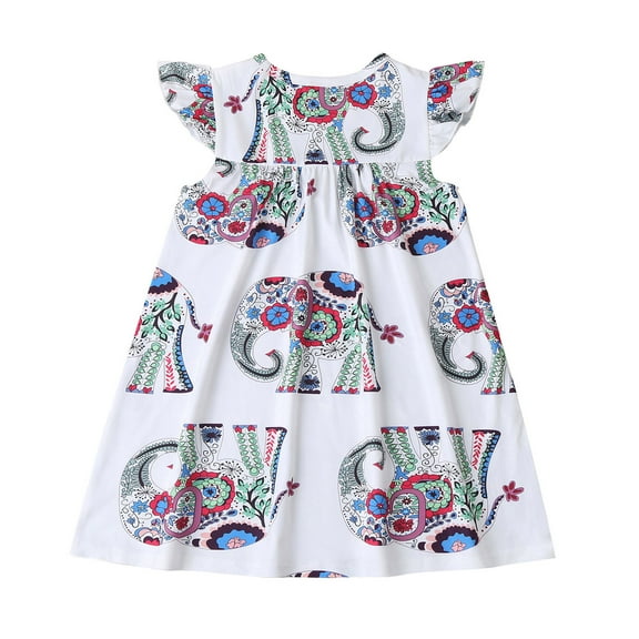 Fesfesfes Toddler Kids Baby Girls Summer Dress Cartoon Elephant Fly Sleeve Princess Dress Party Dress