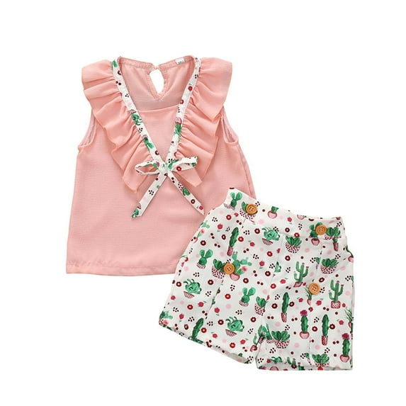 Fesfesfes Toddler Kids Baby Girls Summer Sleeveless Bowknot Top Floral Shorts Clothes Set