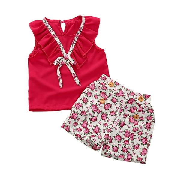 Fesfesfes Toddler Kids Baby Girls Summer Sleeveless Bowknot Top Floral Shorts Clothes Set