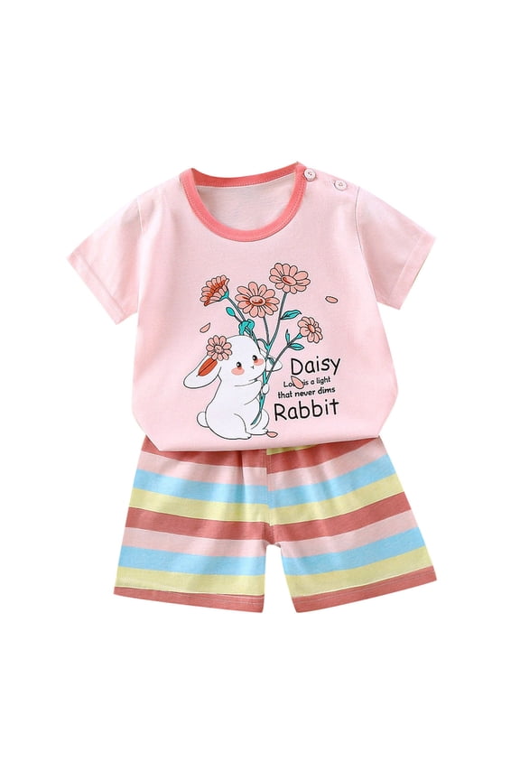Toddler Kids Boys Girls Unisex Cotton Suit Short Sleeve Round Neck T-shirt Cute Cartoon Print Comfy Bermuda Shorts Suit