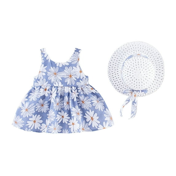 Fesfesfes Toddler Kids Dress Baby Girls Cute Summer Flowers Print Short Sleeve Dress Skirt Hat Suit