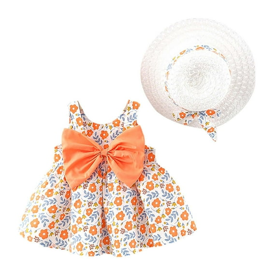 Fesfesfes Toddler Kids Dress Child Baby Girl Spring Bow Print Suspender Dress With Hat
