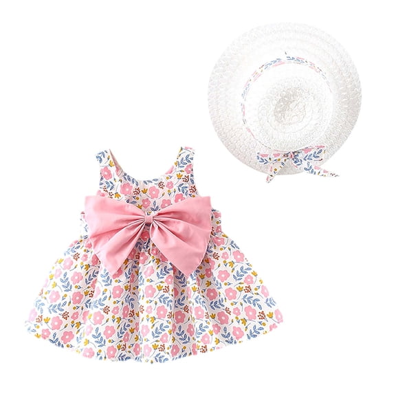 Fesfesfes Toddler Kids Dress Child Baby Girl Summer Bow Print Suspender Dress With Hat