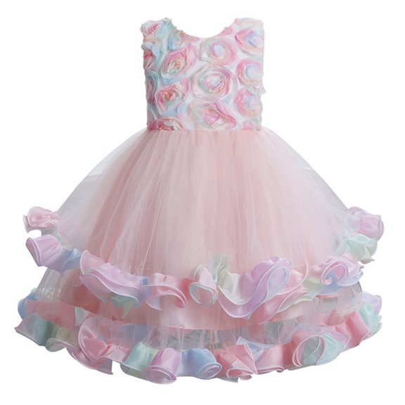 Fesfesfes Toddler Kids Puff Tulle Dress Baby Girls Floral Formal Princess Party Tulle Tiered Full Dress On Sale