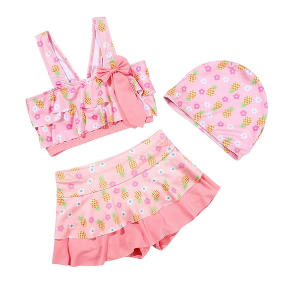 Fesfesfes Toddler Kids Swimsuits Girls Cute Heart Print Swimming Trunks Seaside Swimming-Cap Teen Girls Swimsuit Set