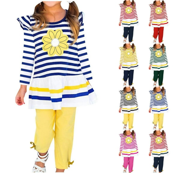 Fesfesfes Toddler Outfit Fashion Girls Casual Long Sleeve Tops Round Neck Collar Botton Printed Long Pants Sets