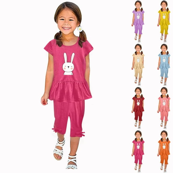 Fesfesfes Toddler Outfit Girls Summer Round Neck Small Print Short Sleeved Flying Sleeves Elastic Waist Cropped Pants Two piece Set