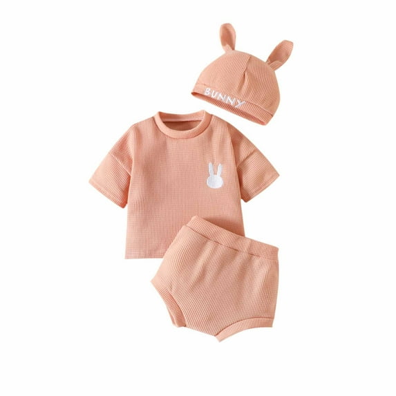Fesfesfes Toddler Outfits For Girls Baby Boys Girls Easter Lovely Embroidered Bunny Candy Color T-shirt Shorts Hat Suit 0-6 Months