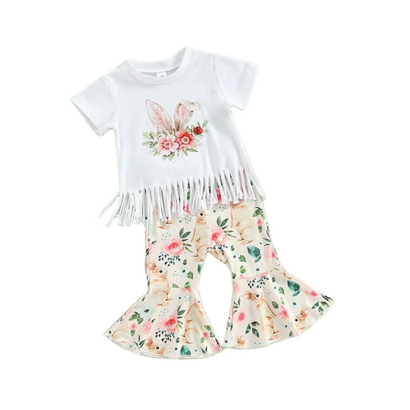 Fesfesfes Toddler Outfits For Girls Easter T-shirt Pants Set Boys' Girls' Short Sleeve Shirt Tassel T-shirt Bunny Floral Flared Pants Set 2Pcs Set 3-4 Years
