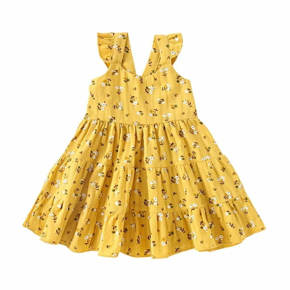 Fesfesfes Toddler Summer Dresses Vacation Dress for Girls Retro Baby Print Sleeveless Round Neck Sundress for Comfortable and Versatile Outfits(Yellow,4 Years)