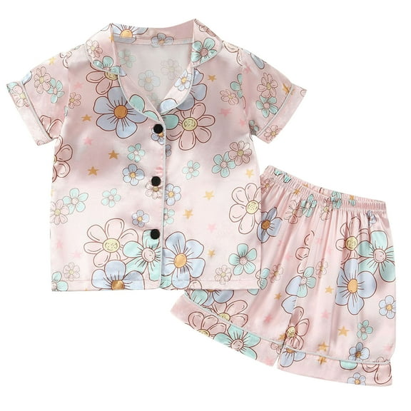 Fesfesfes Toddler Summer Satin Pajamas Set Casual Girls Loungwear Sets Cute Short Sleeve PJS Sets Home-wear Pajamas Set