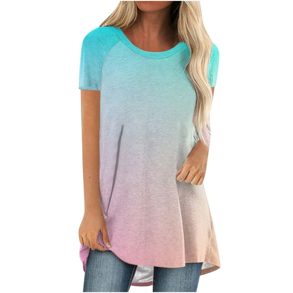 Fesfesfes Tops Fashion Women Fashion Short Sleeve Round Neck Printed Long T-shirt Blouse Loose Tops Womens Shirts 6(M)