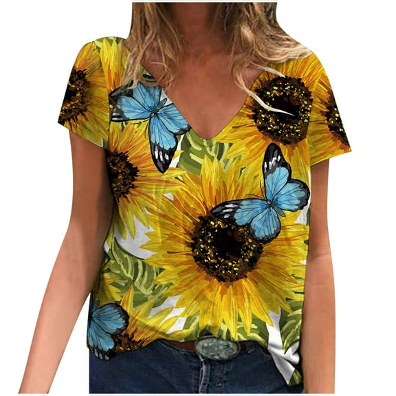 Fesfesfes Tops for Womem Casual Tops Comfy Fashion Womens Sunflower Print T-Shirts Round -Neck Casual Short Sleeves Tops Blouse V Neck Tees Summer Tops Tunic Summer