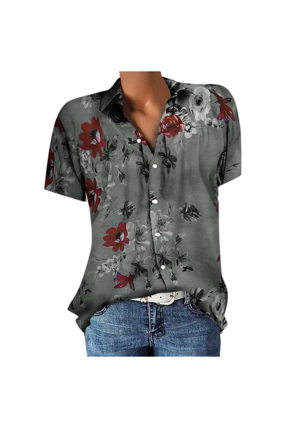 Tops for Womem Casual Tops Summer Shirts For Women, Women's Short Sleeve Lapel Neck Tops With Button Flower Print Tops V Neck Tees Summer Tunic Blouse