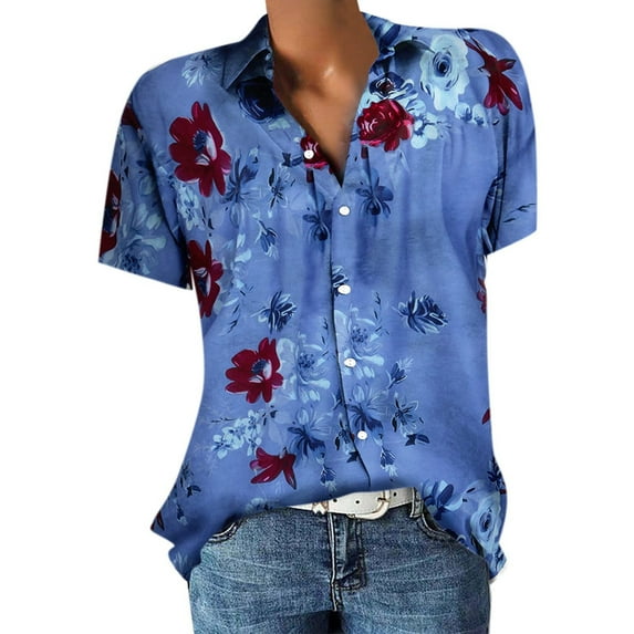 Fesfesfes Tops for Womem Casual Tops Summer Shirts For Women, Women's Short Sleeve Lapel Neck Tops With Button Flower Print Tops V Neck Tees Summer Tunic Blouse