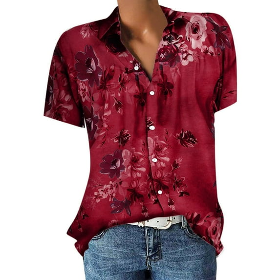 Fesfesfes Tops for Womem Casual Tops Summer Shirts For Women, Women's Short Sleeve Lapel Neck Tops With Button Flower Print Tops V Neck Tees Summer Tunic Blouse Summer Sale