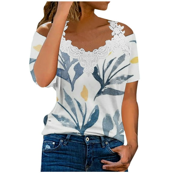 Fesfesfes Tops for Womem Loose Summer Tops Fashion Women's Summer V-Neck Lace Patchwork Short Sleeve Top Blouse Wide Neck Blouse Tops Summer