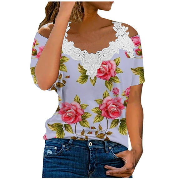 Fesfesfes Tops for Womem Loose Summer Tops Fashion Women's Summer V-Neck Lace Patchwork Short Sleeve Top Blouse Wide Neck Blouse Tops Summer