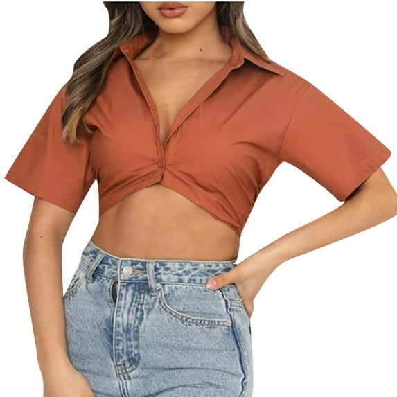 Fesfesfes Tops for Womem Summer Summer Short-sleeved Polyester-cotton Solid Color Cute Single-breasted Lapel Cropped Navel Fashion Casual Small Shirt V Neck Loose Tunic Tops On Sale