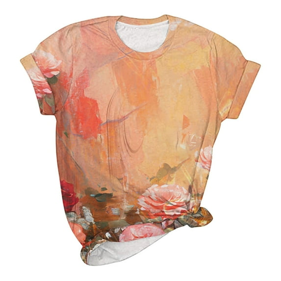 Fesfesfes Tops Women Fashion Summer Printed Regular Women Short Sleeves Round Neck Womens Yellow Tshirt M(US:6)