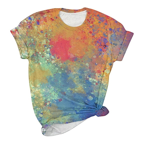 Fesfesfes Tops Women Fashion Summer Printed Regular Women Short Sleeves Round Neck Womens Yellow Tshirt S(US:4)