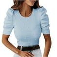 thumbnail image 1 of Fesfesfes Tops Womens Summer Casual Solid Color Round Neck Pearl Short Sleeve Tops Slim Blouses Womens Short Sleeve Blouse 6(M), 1 of 9