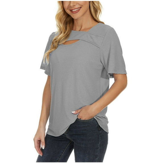Fesfesfes Tops for Womem Tshirt Casual Loose Short Sleeve Pullove Solid Blouse T-Shirt Round Neck Summer T Shirt Blouse