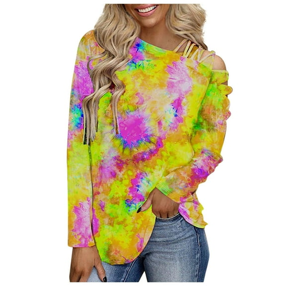 Fesfesfes Tops for Women Printed Tie-Dye Crewneck Long Sleeve Casual Tee Tops Blouse