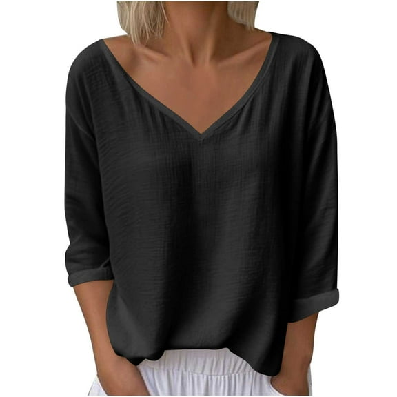 Fesfesfes Trendy Women's V-Neck T-Shirts Solid Styles Three Quarter Length Sleeves Button Details Combine Style Casual Outings Daily Wear(Black#1,S)