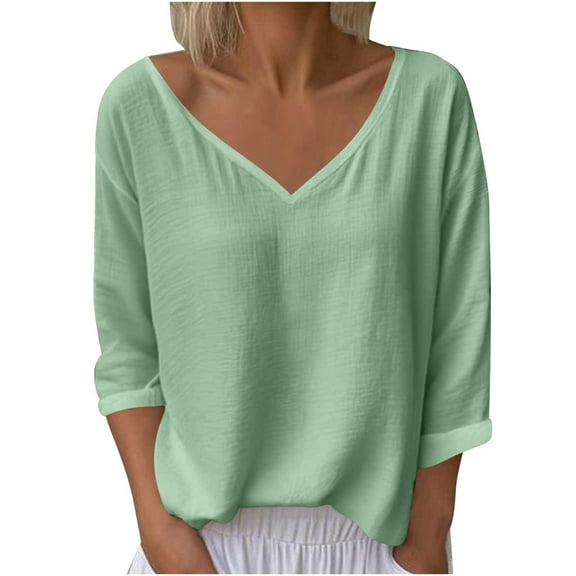 Fesfesfes Trendy Women's V-Neck T-Shirts Solid Styles Three Quarter Length Sleeves Button Details Combine Style Casual Outings Daily Wear(Green#1,L)