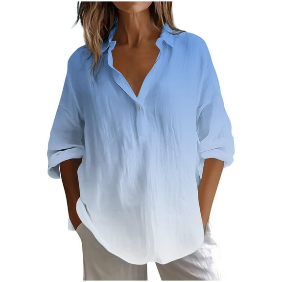 Fesfesfes Trendy Women's V-Neck T-Shirts Solid Styles Three Quarter Length Sleeves Button Details Combine Style Casual Outings Daily Wear(Light Blue#2,XL)
