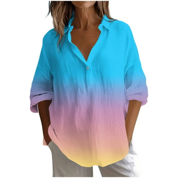 Fesfesfes Trendy Women's V-Neck T-Shirts Solid Styles Three Quarter Length Sleeves Button Details Combine Style Casual Outings Daily Wear(Pink#2,S)