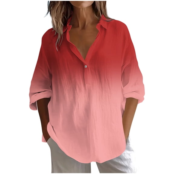 Fesfesfes Trendy Women's V-Neck T-Shirts Solid Styles Three Quarter Length Sleeves Button Details Combine Style Casual Outings Daily Wear(Red#2,S)